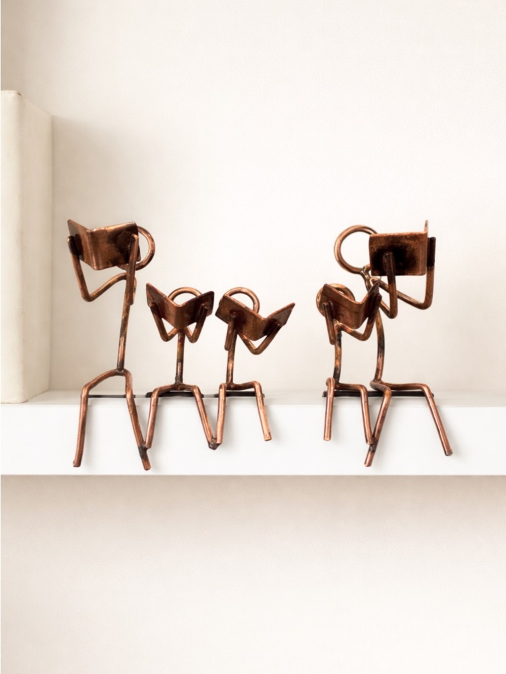 Vintage Mid Century Style Metal Sculptures Reading Family Copper Finish